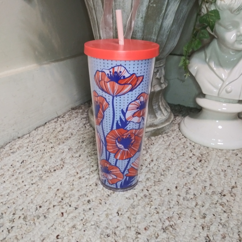 Starbucks Poppy Printed Orange & Blue 24 Ounce Cold Cup